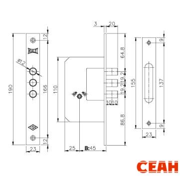 KALE 189/3MF 5кл никель 3 ригеля Замок врезной б/руч (30)
